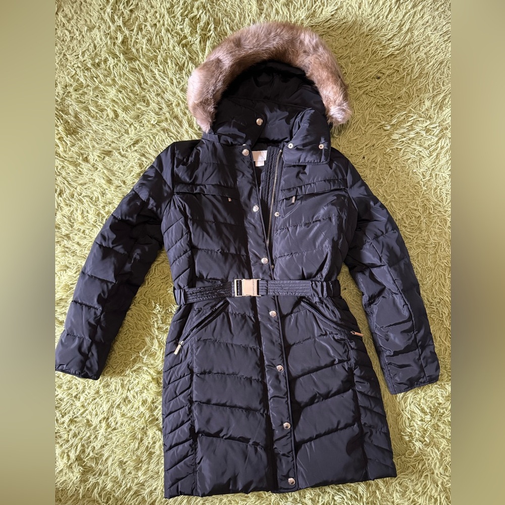 Michael Kors - Women's Faux-Fur-Trim Hooded Belted Puffer Coat